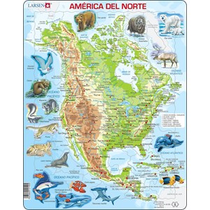 Larsen (A32-ES) - "North America, physical map with animals - ES" - 66 pieces puzzle