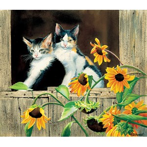 SunsOut (28975) - Susan Bourdet: "Kittens and Sunflowers" - 550 pieces puzzle
